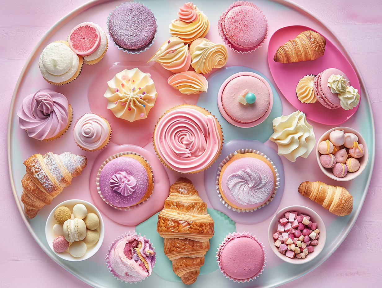 Colorful desserts on platter with detailed textures