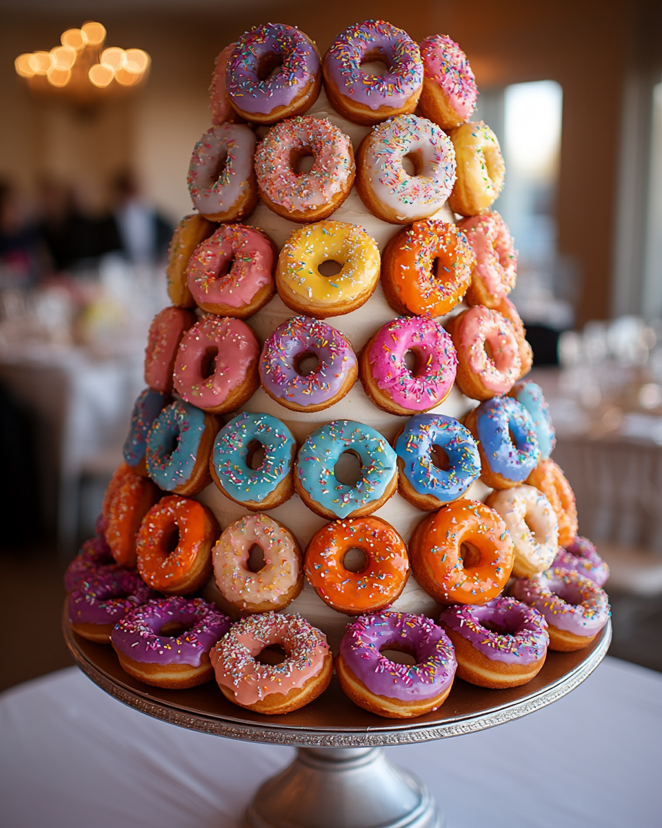 Colorful doughnut-themed wedding cake on pedestal stand