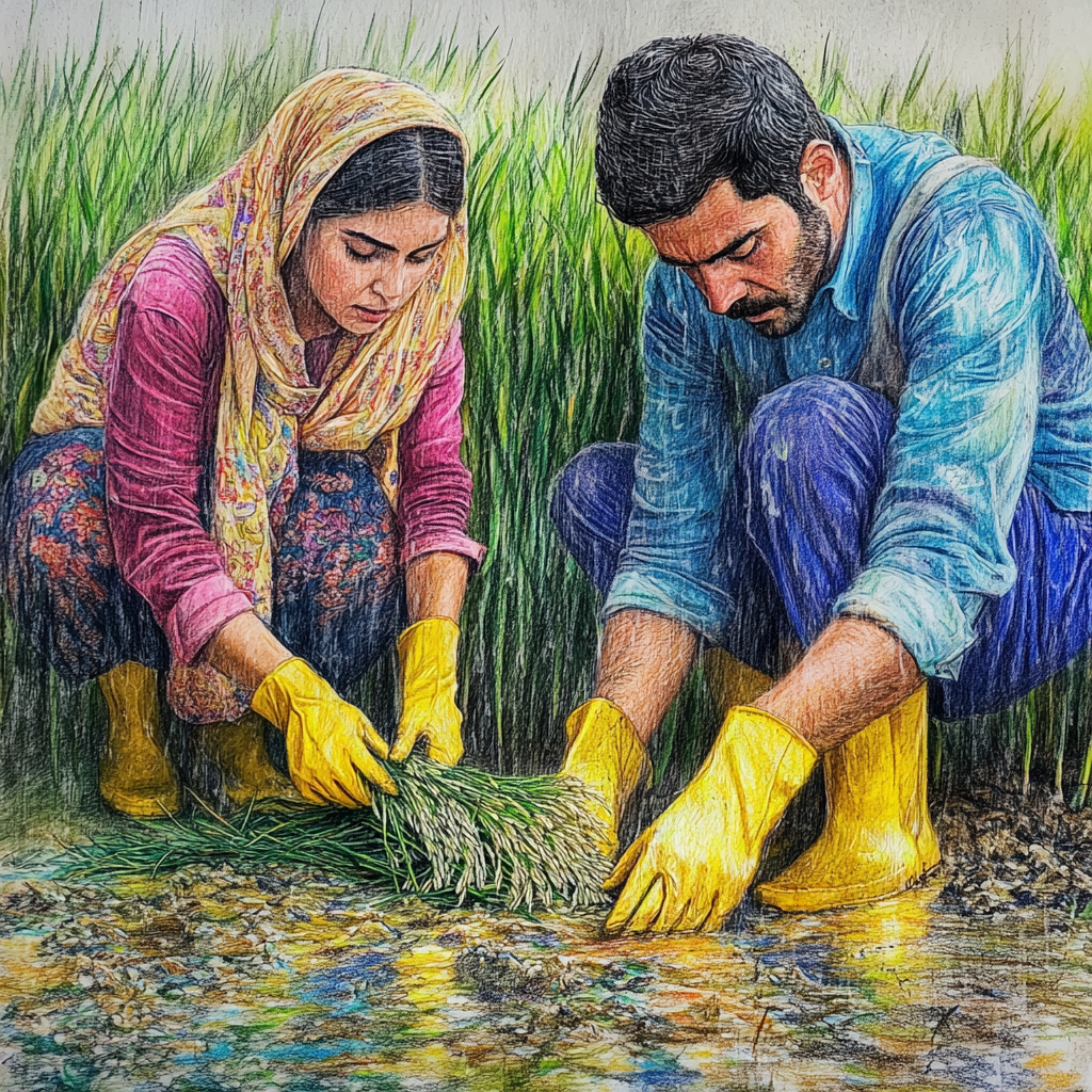 Colorful drawing of Iranian farmers cultivating rice, symmetrical like Wes Anderson's film.