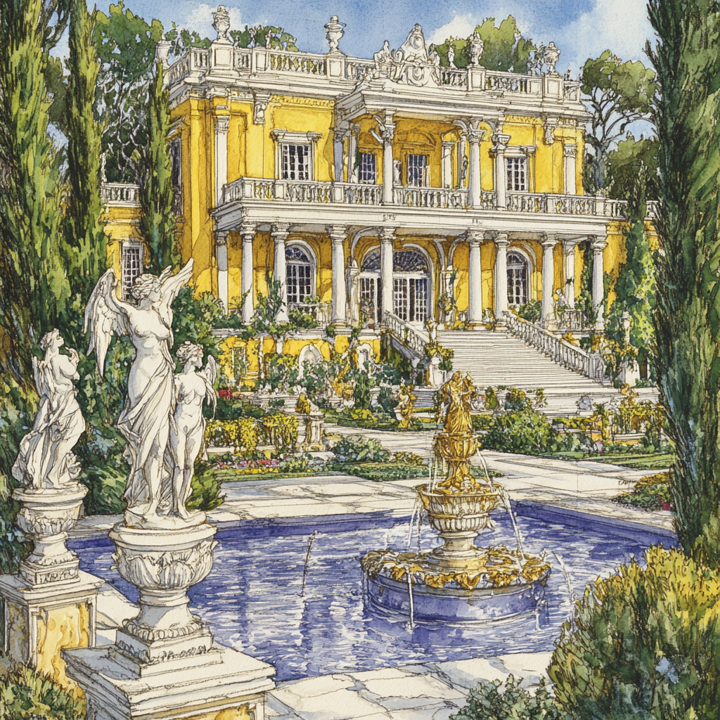 Colorful drawing of extravagant plantation manor with statues.