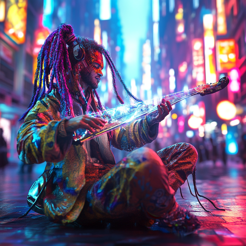 Colorful dreadlocks on futuristic street musician. Neonlit city scene.