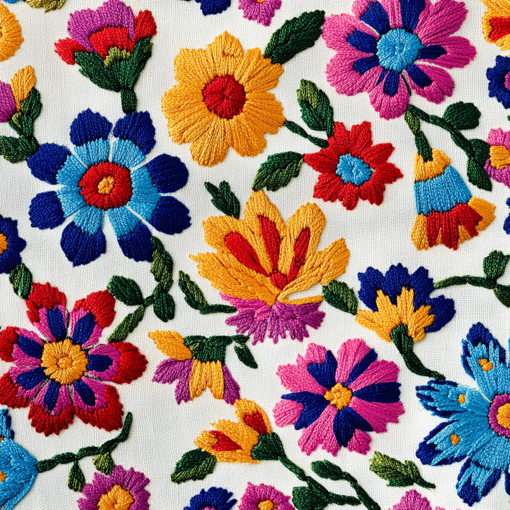Colorful embroidered flowers on white fabric, Mexican-style details, high resolution.