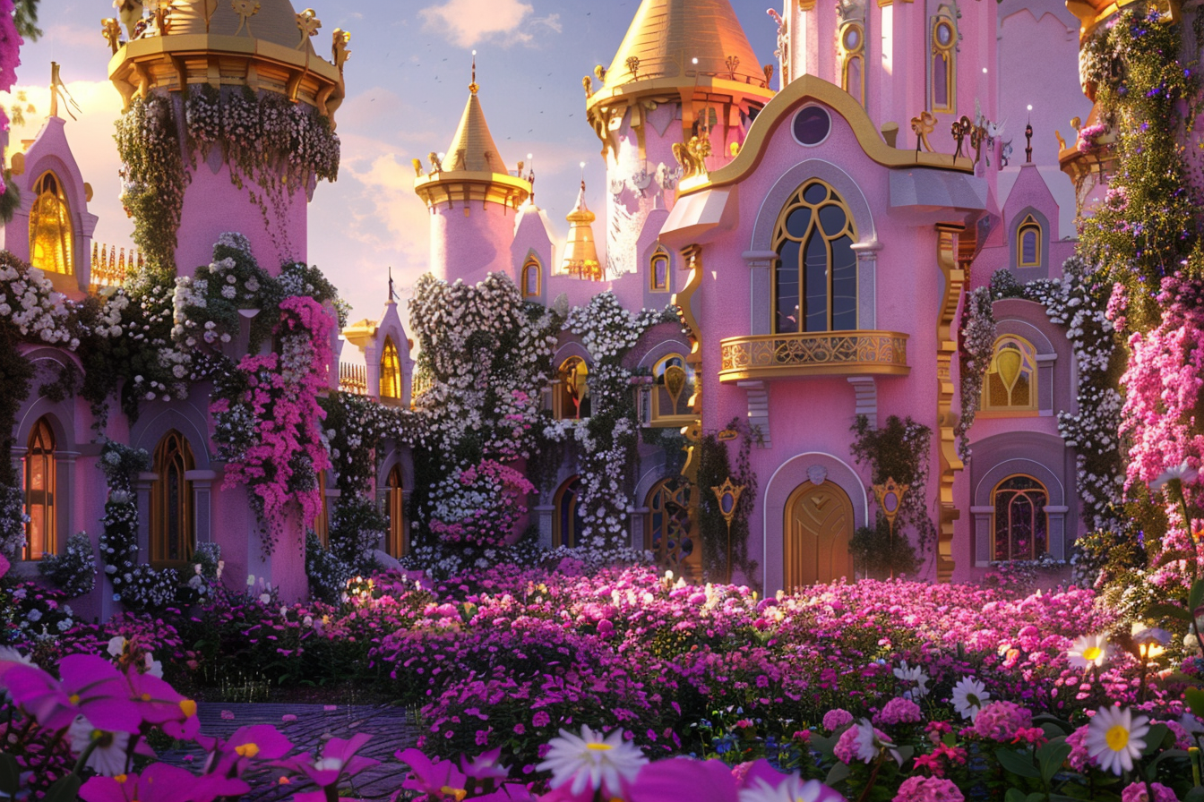 Colorful fairytale castle in lush garden with sunlight reflection.