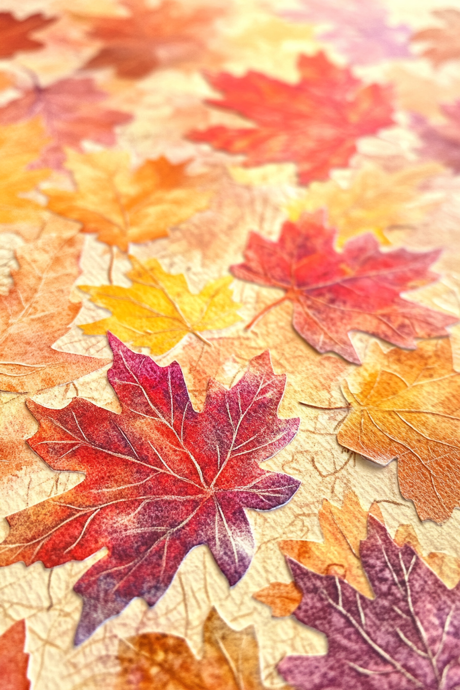 Colorful fall leaves on textured paper with sunlight