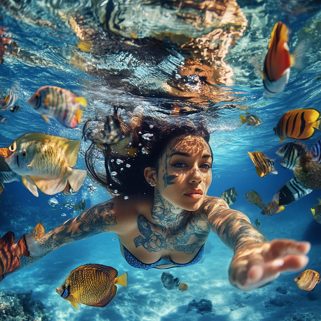 Colorful fish swim around tattooed woman in Caribbean.