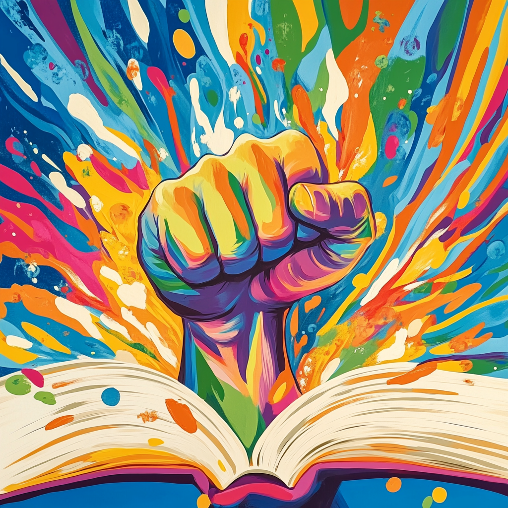 Colorful fist bursts from book, whimsical cartoon style.