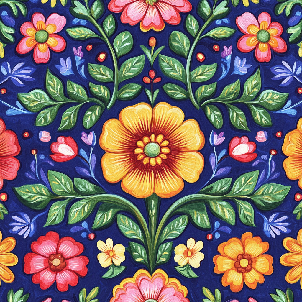 Colorful floral pattern with Mexican folk art style on blue tile.