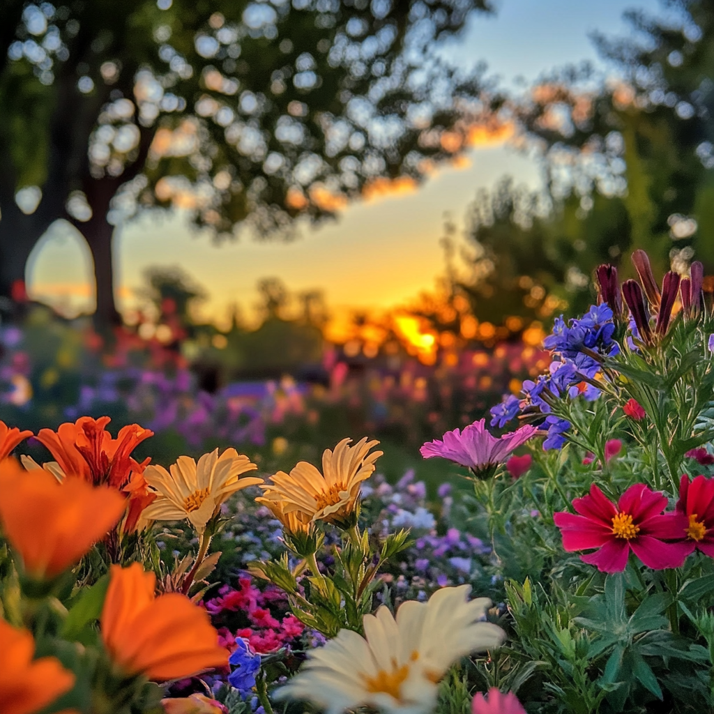 Colorful flower garden at sunrise, peaceful beauty 