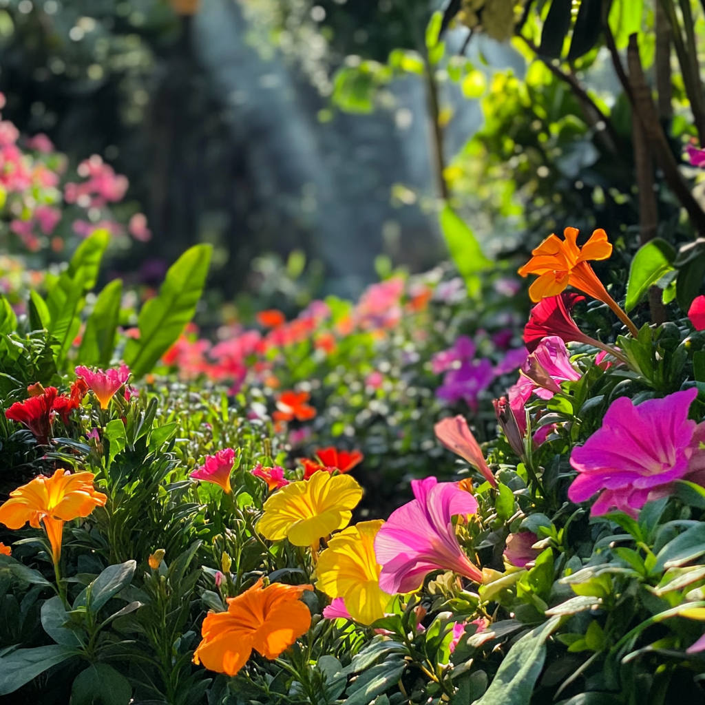 Colorful flowers in lush garden, vibrant hues iPhone 15.