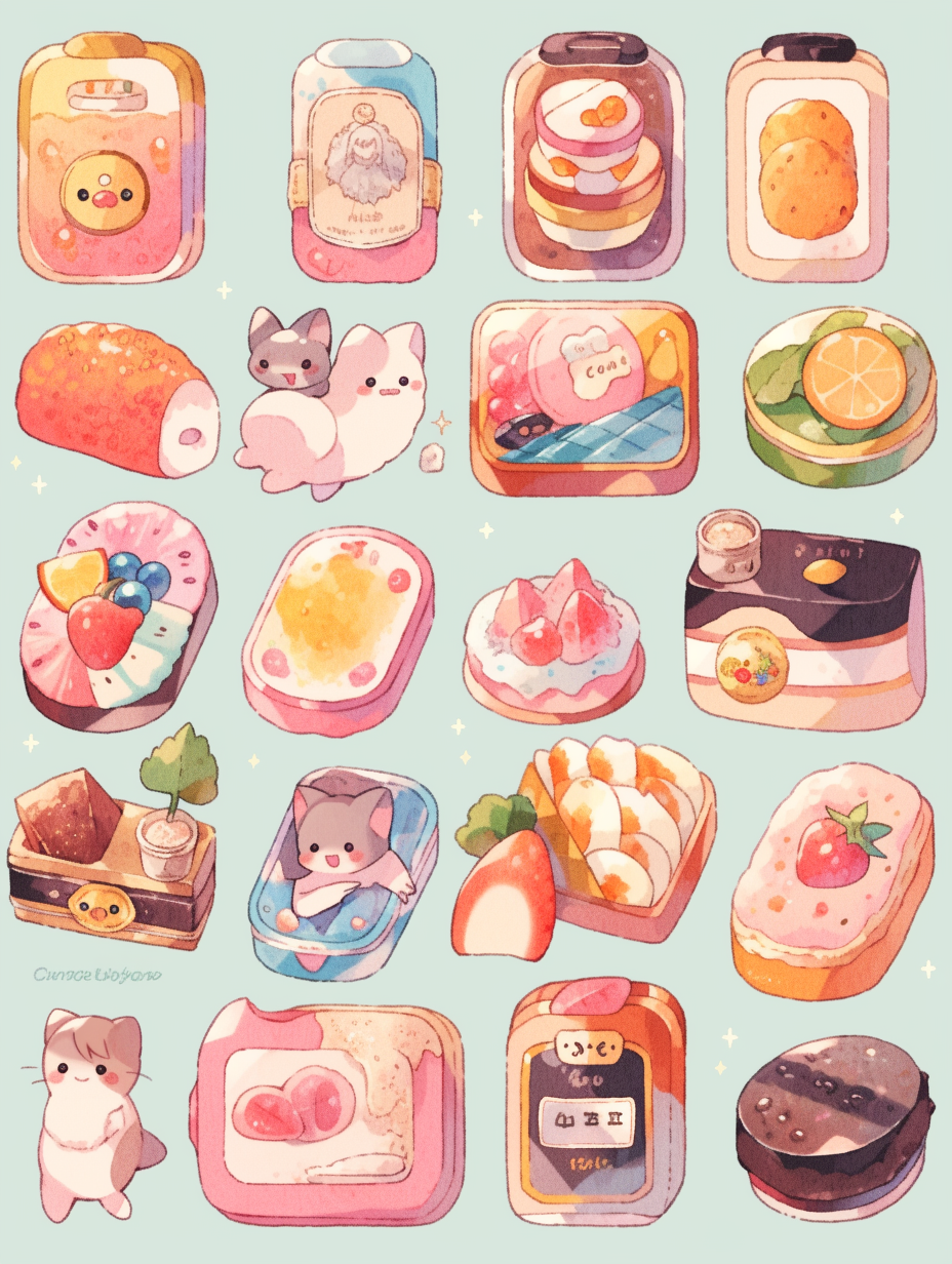 Colorful food and drink icons in kawaii manga style.