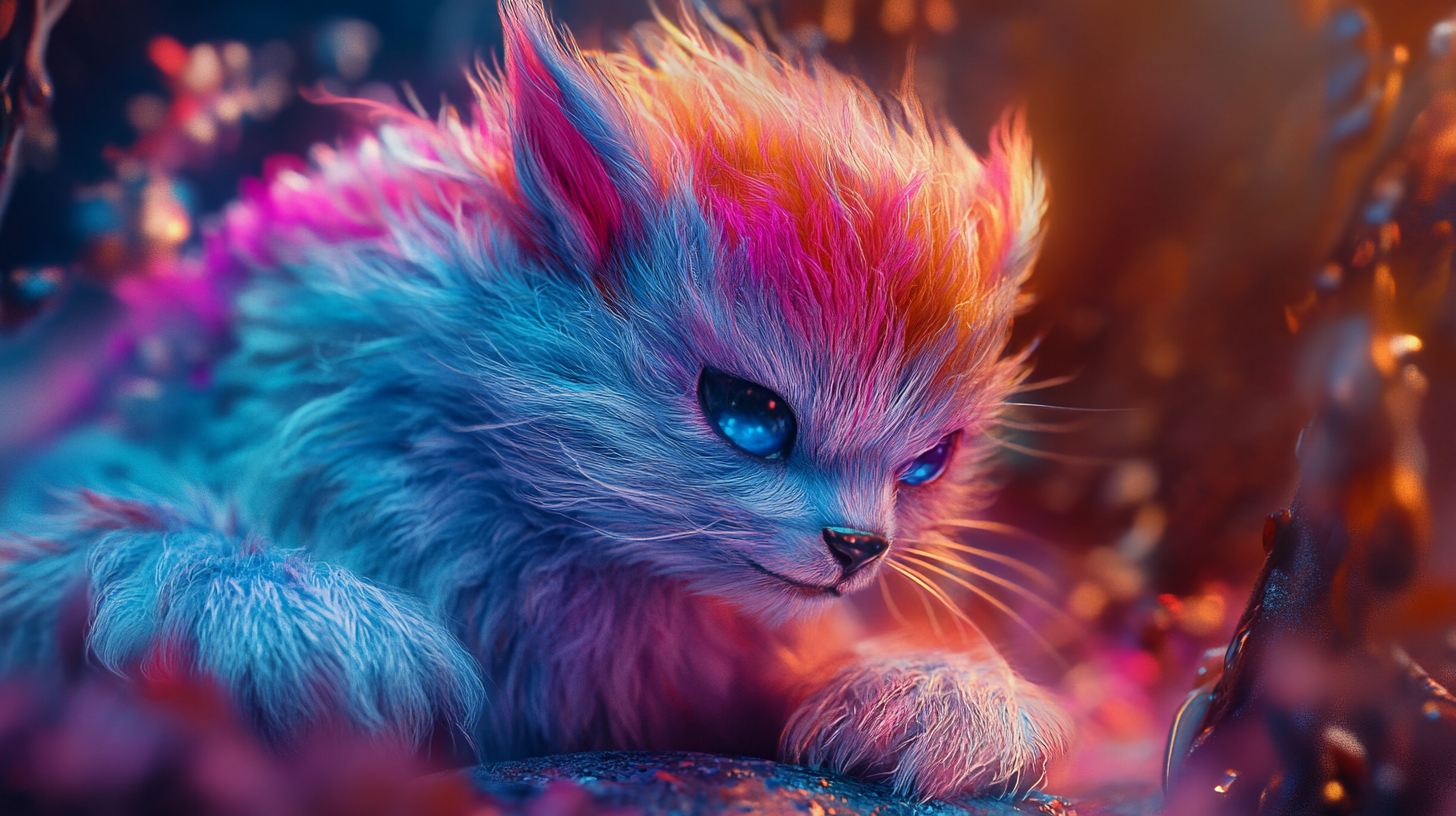 Colorful furry mythical creature in fantasy world.