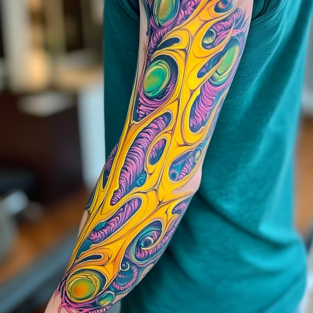 Colorful futuristic arm tattoo with alien background