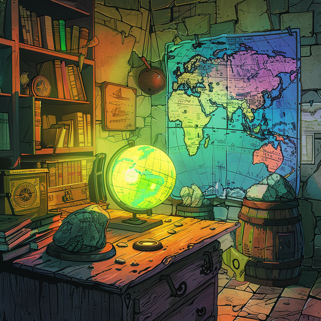 Colorful geography classroom with antique compasses and globe.