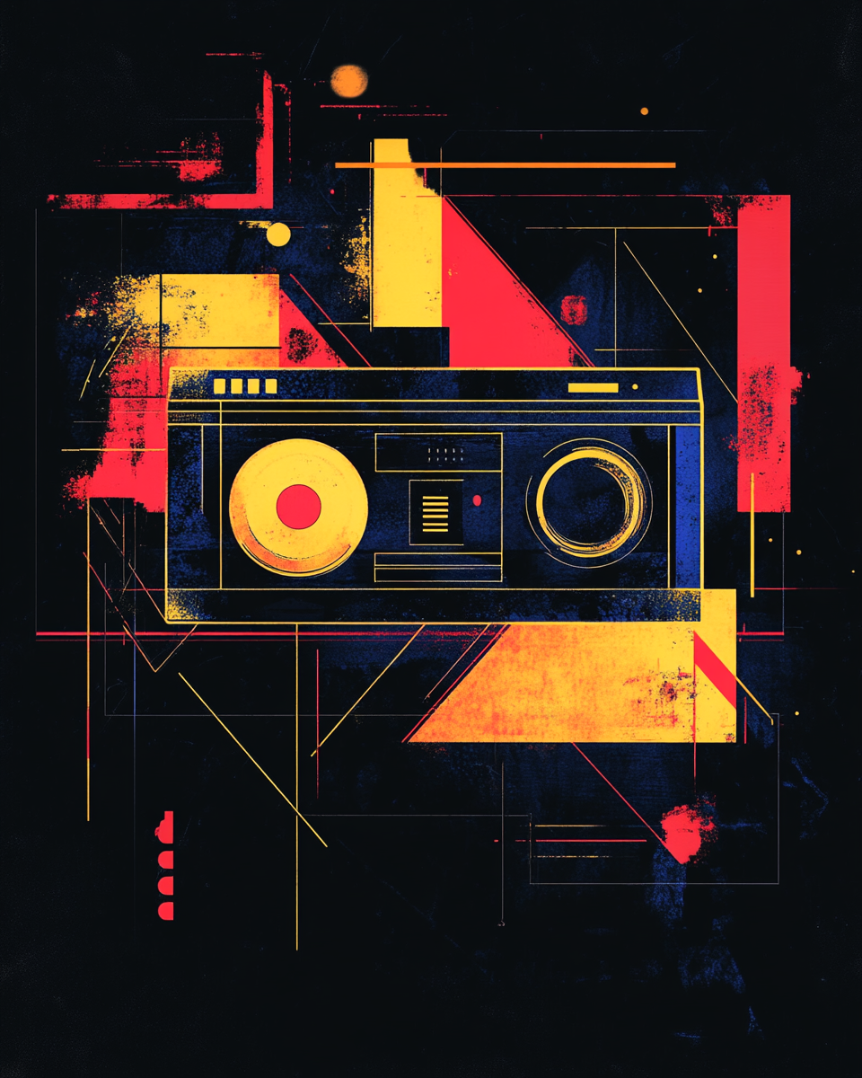 Colorful geometric boombox design with grunge elements, flat 2D