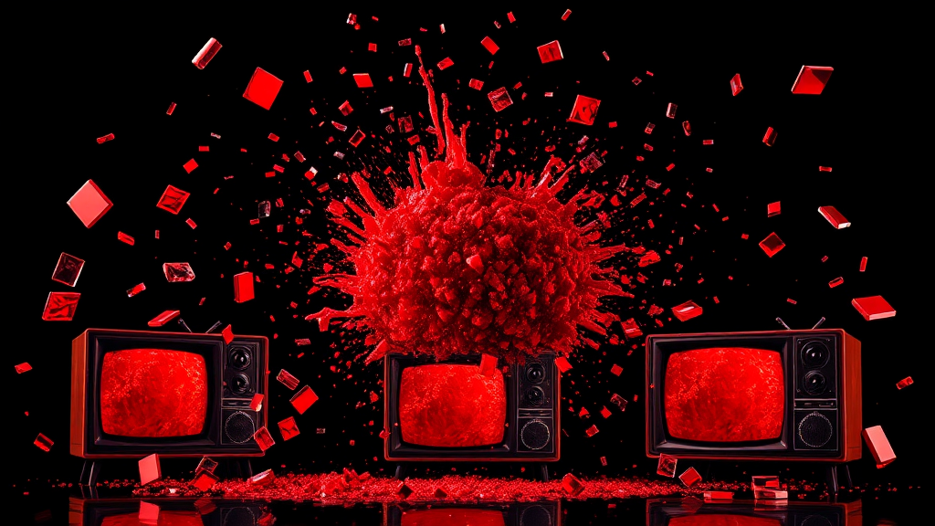 Colorful glass TV explosion on black background.