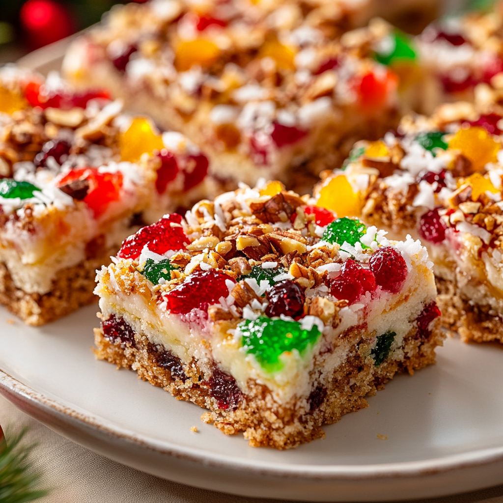 Colorful holiday fruit bars on white plate