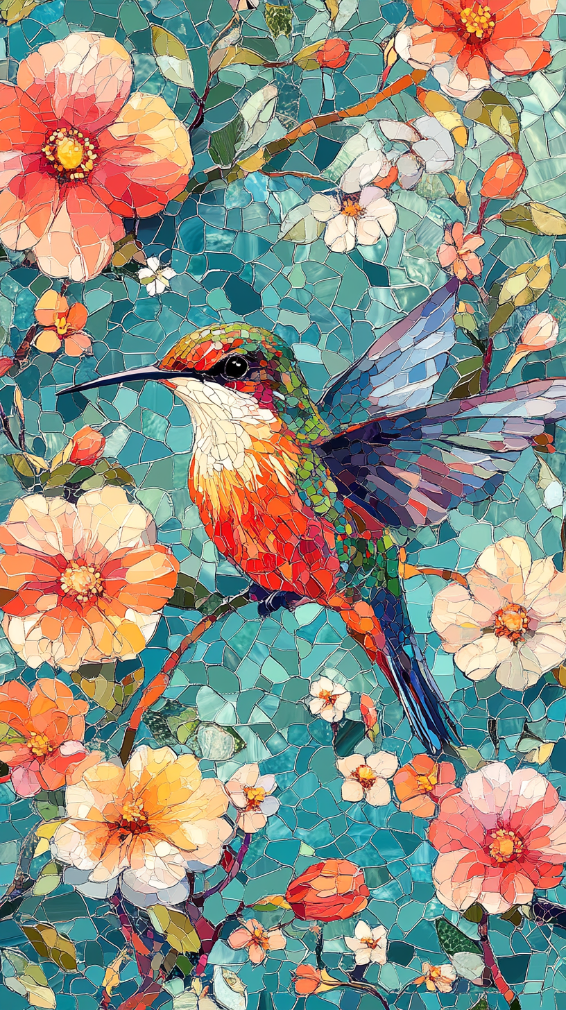 Colorful hummingbird with flowers in mosaic artwork background.