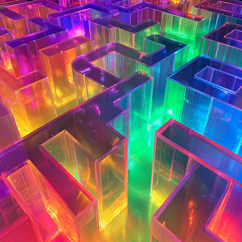 Colorful illuminated acrylic maze with vibrant walls - Overhead_VIEW