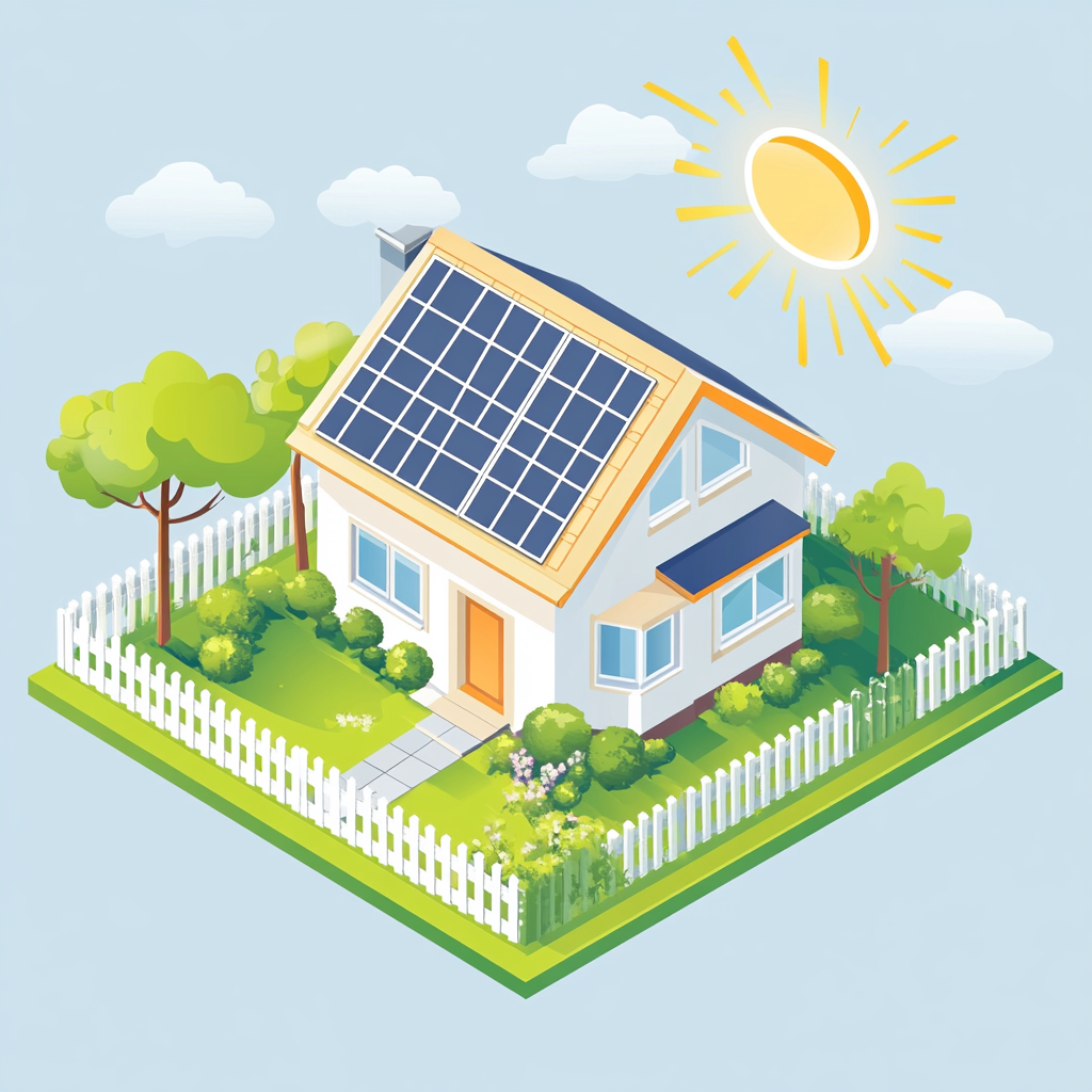 Colorful isometric vector house illustration with solar panels and trees