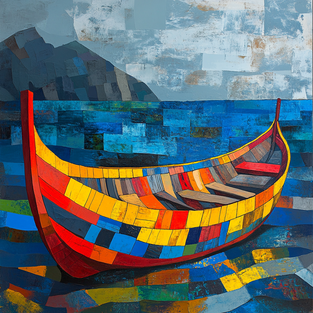 Colorful jangada boat contrasts with somber seascape background.