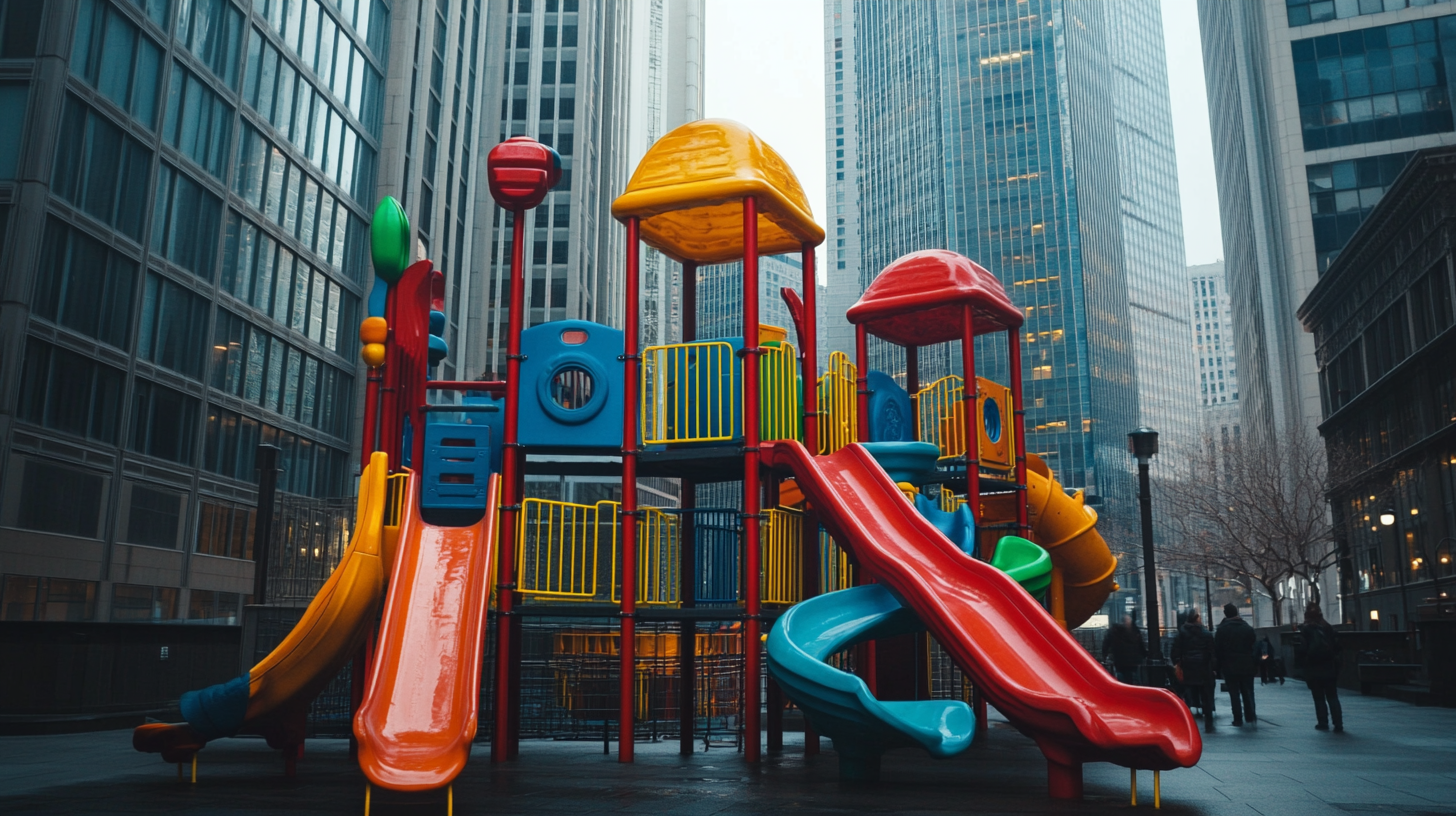 Colorful jungle gym stands out in gray city