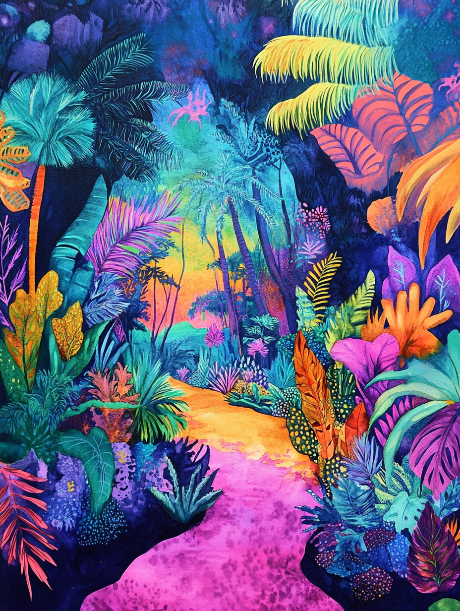 Colorful jungle watercolor painting in bold feminine style.