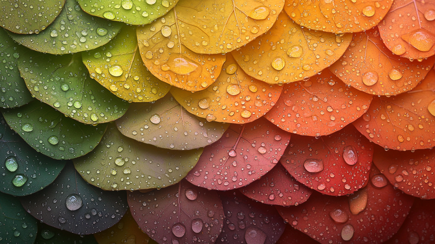 Colorful leaves with water droplets in a rainbow arc.