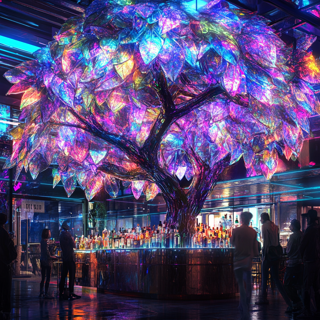 Colorful lights shine on cyberpunk mall tree bar.