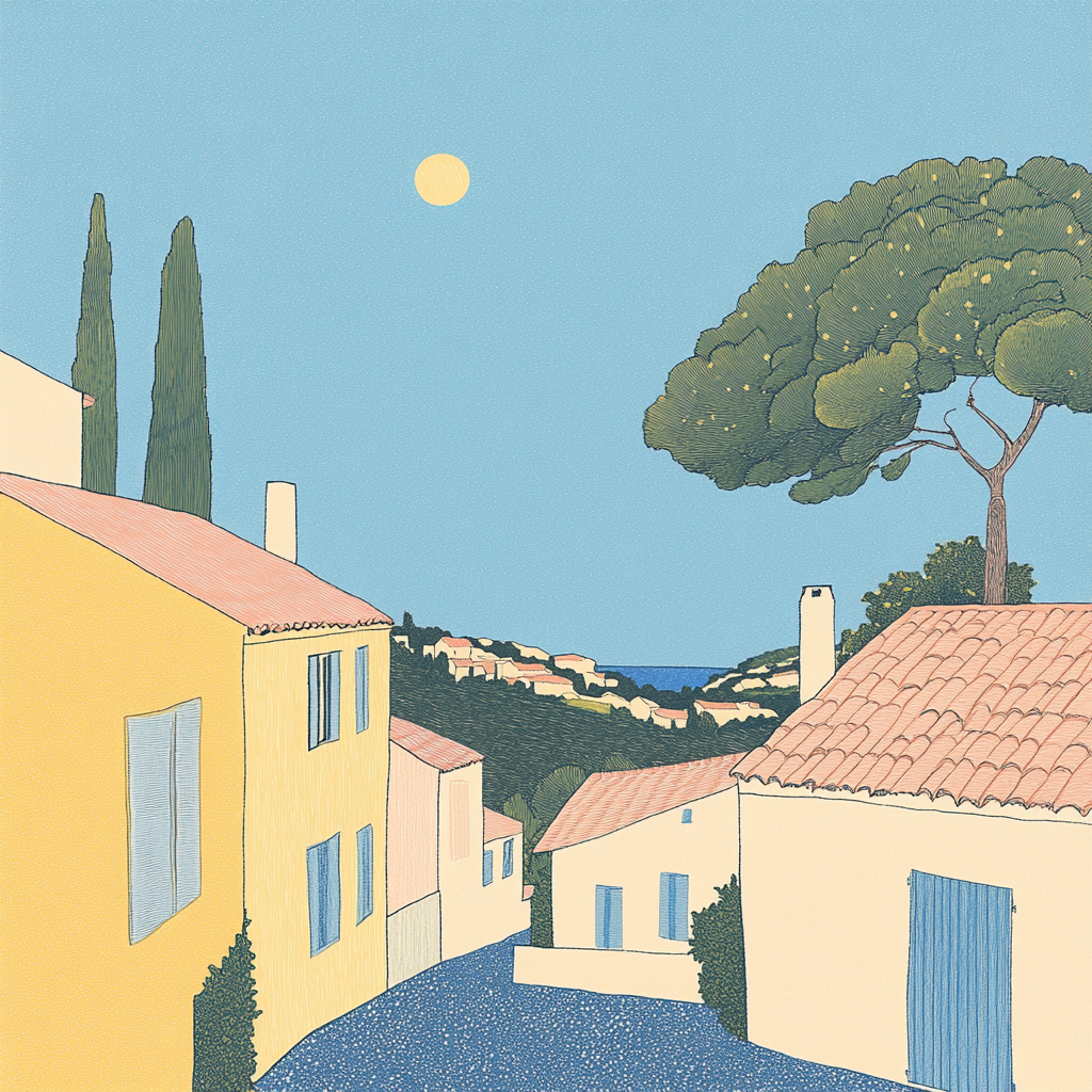 Colorful line drawing of Provencal village in sunny south France.