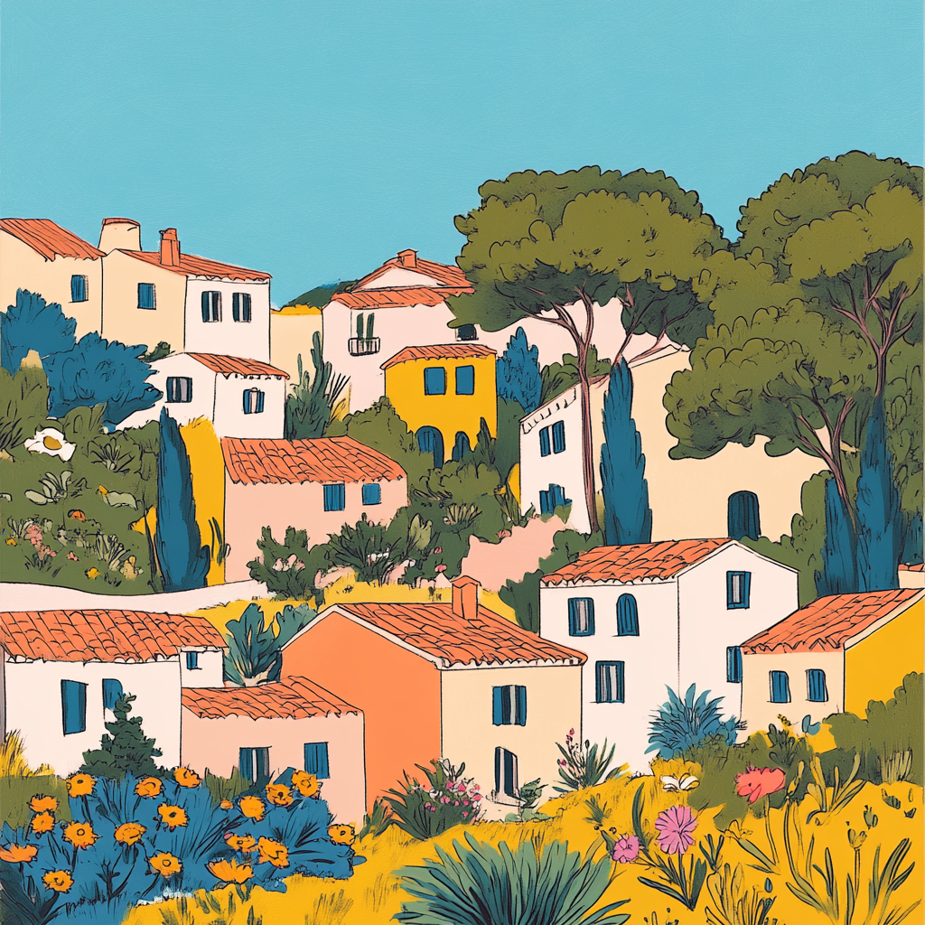 Colorful line drawing of Provencal village with blue sky.