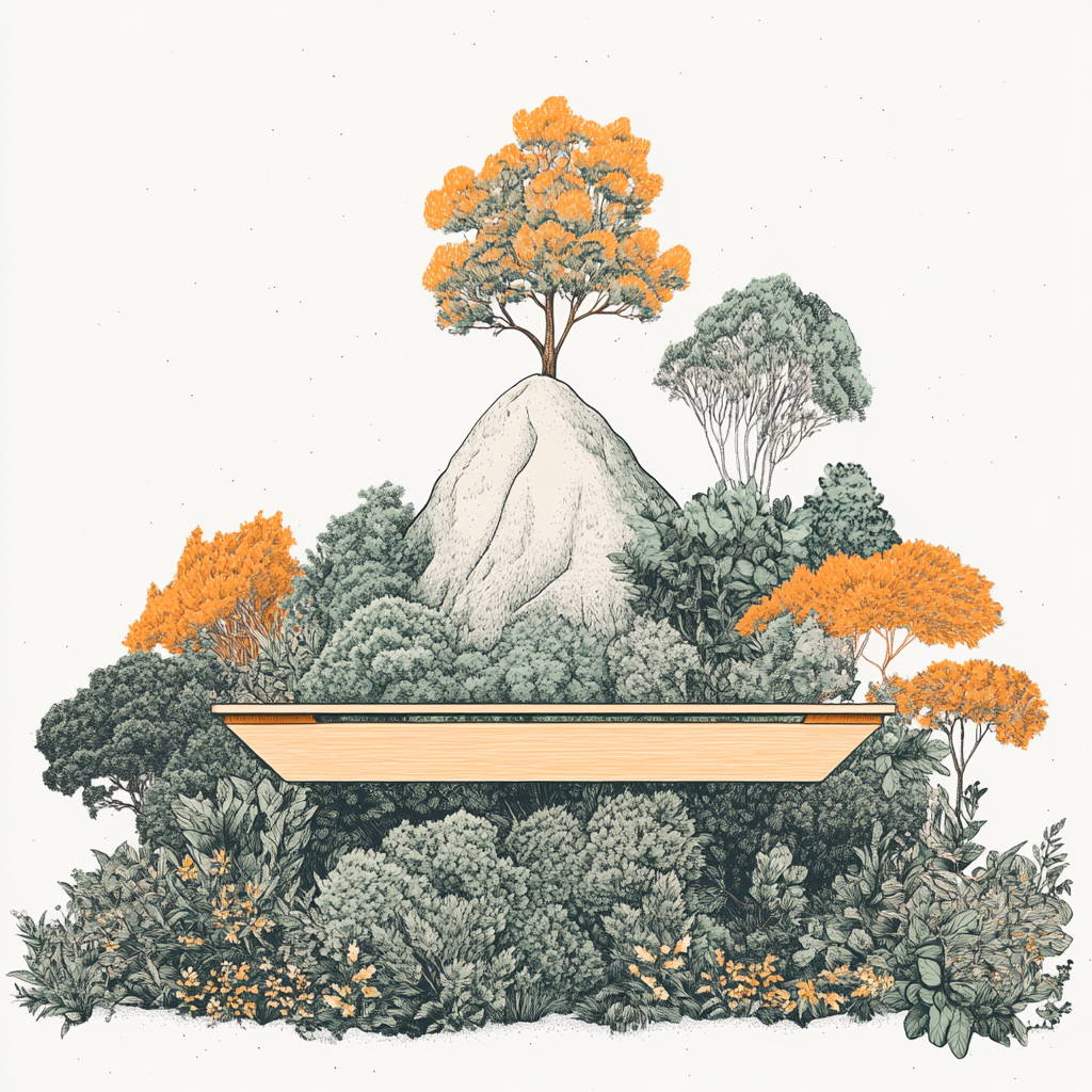 Colorful line drawing of triangular mountain with wooden lever.