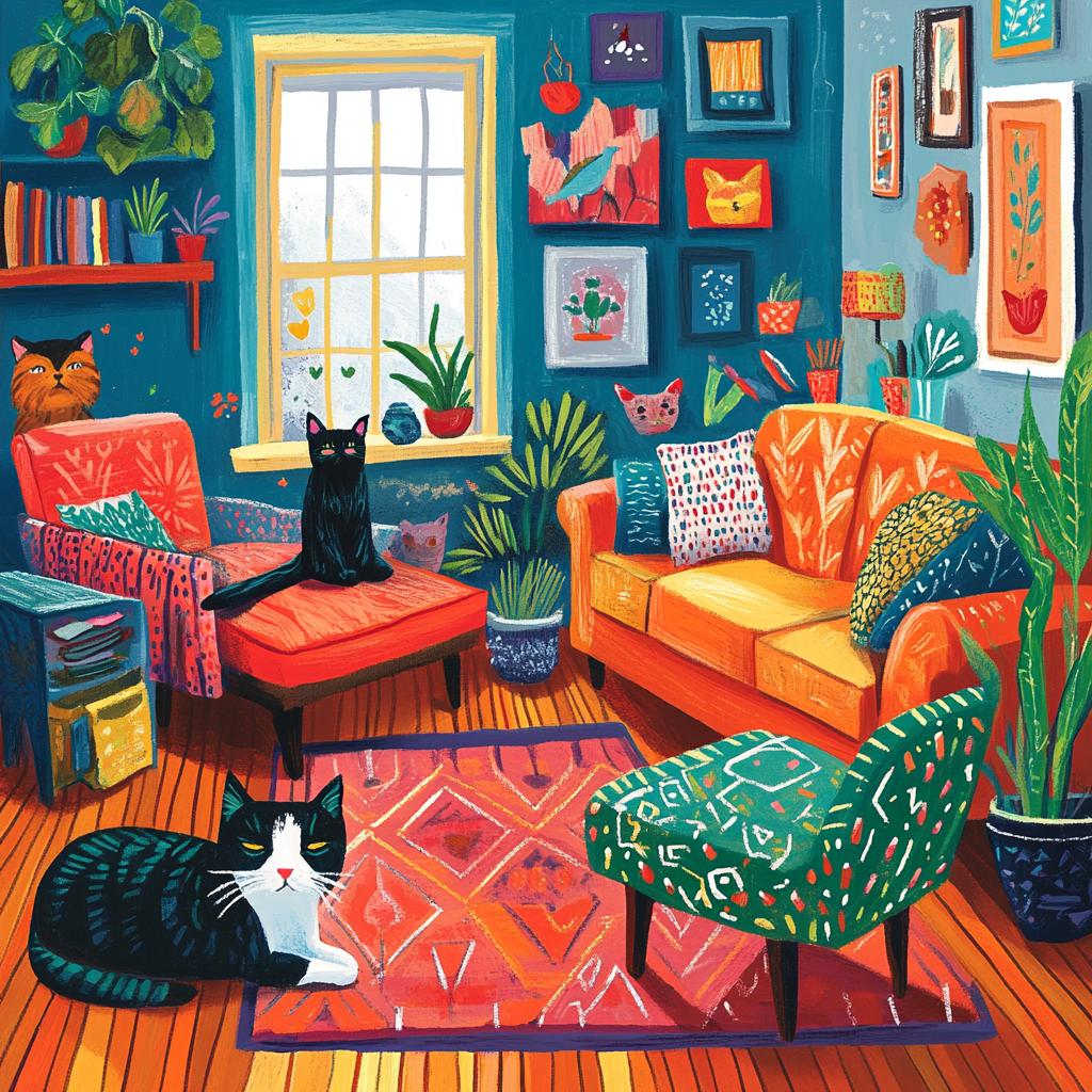 Colorful living room with playful cats.