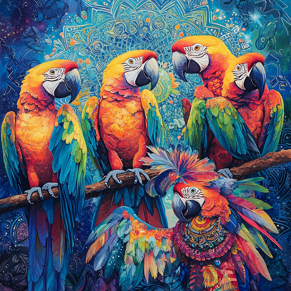 Colorful macaws in motion with detailed background design. Warrior.