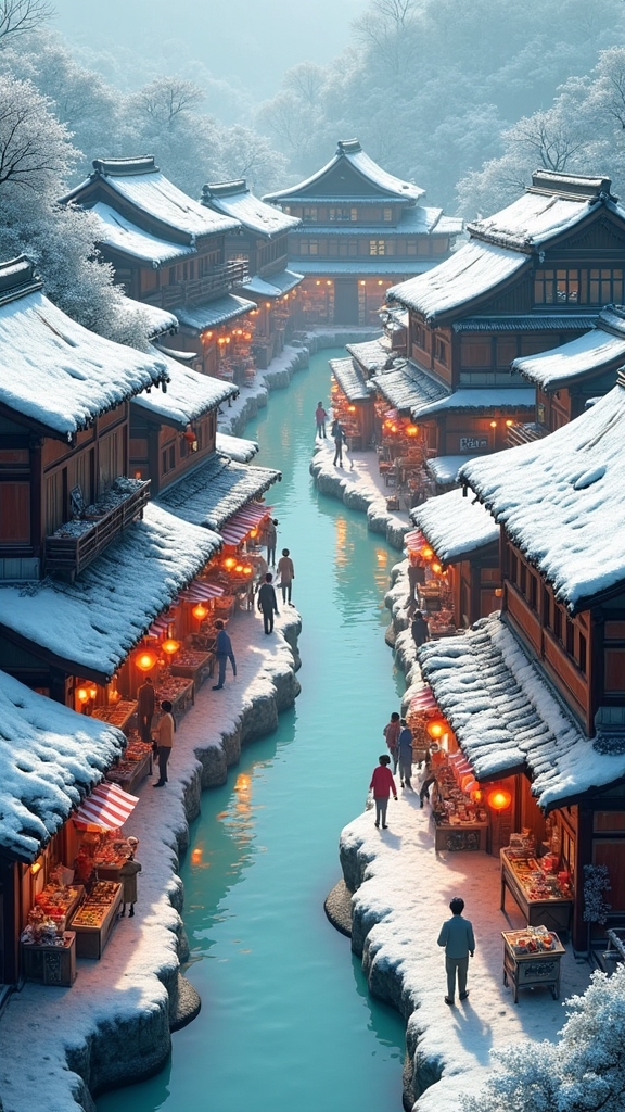 Colorful market in old Japanese village during snow.