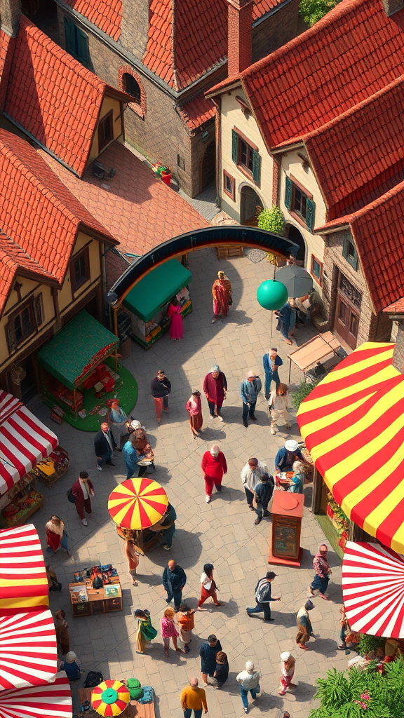 Colorful medieval village carnival in Pixar 3D style.