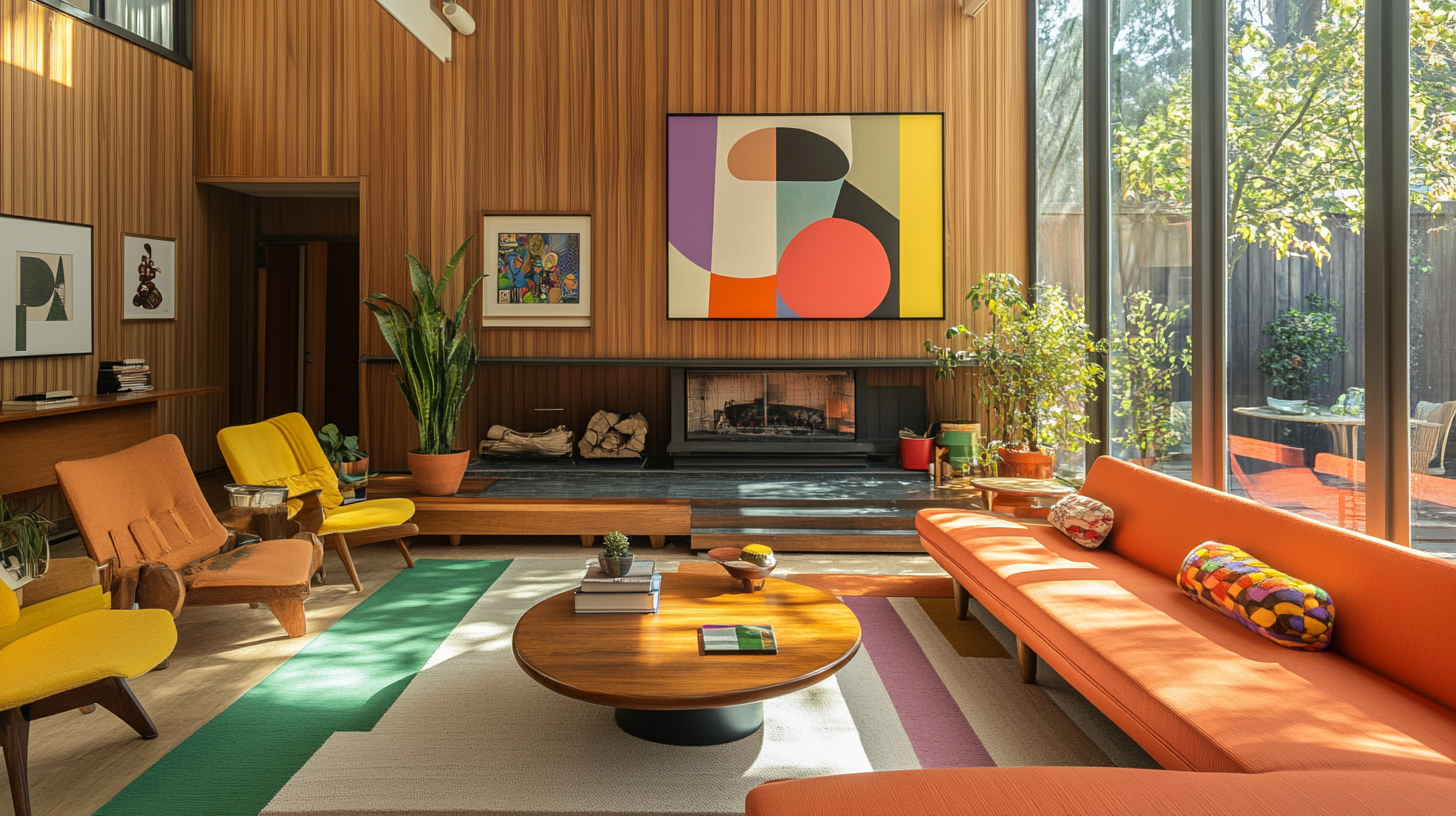 Colorful mid-century modern living room with fireplace and windows.