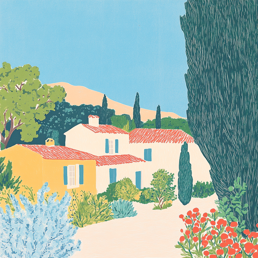 Colorful minimalist line drawing of Provencal village.