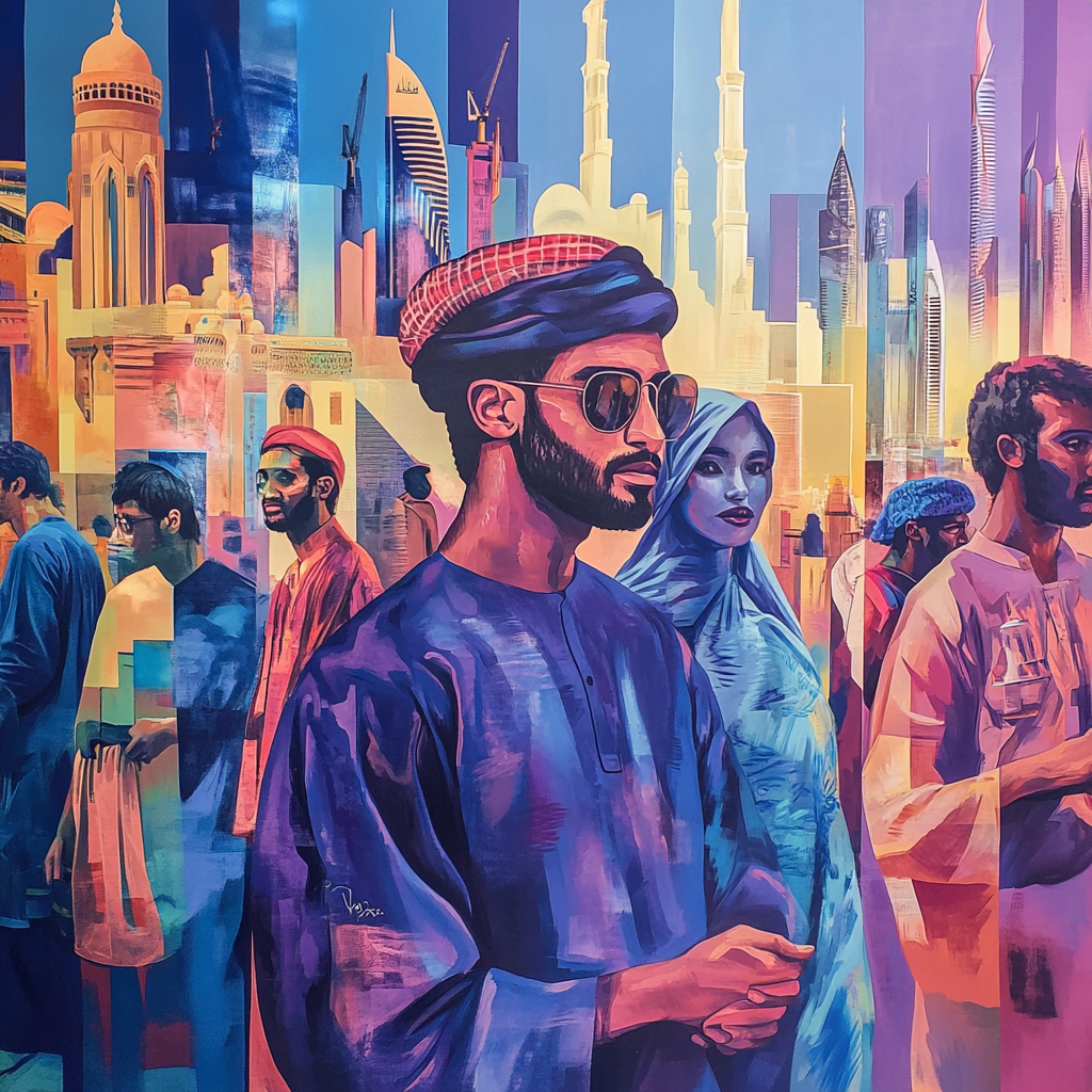Colorful mural in Dubai representing diverse culture, landmarks, 3D.