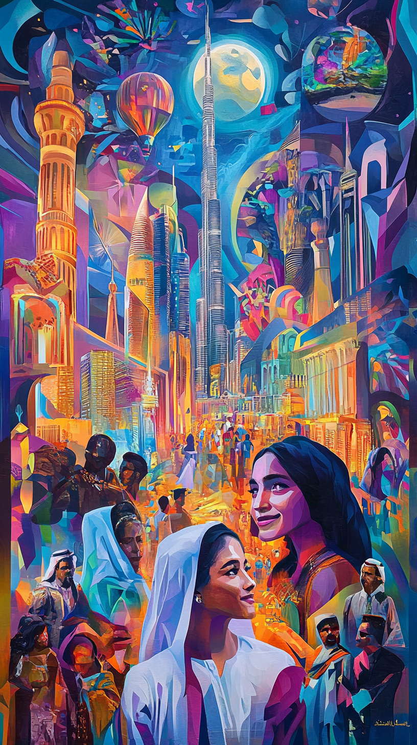 Colorful mural represents Dubai culture, NFT art style.