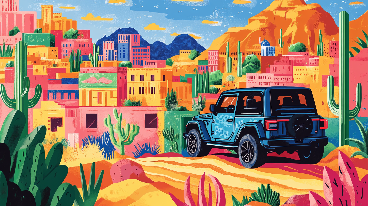 Colorful mural with desert, cacti, Gilbert, Italian flag.