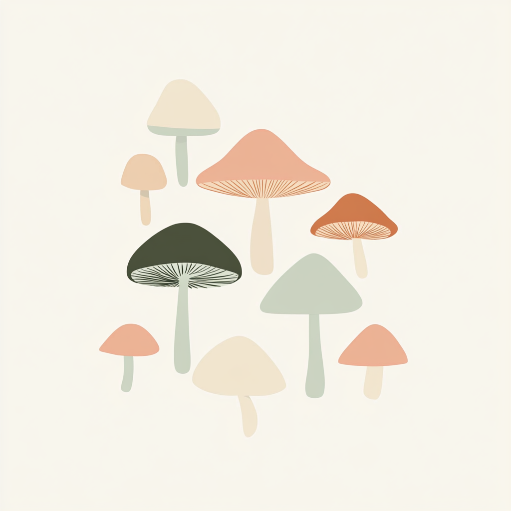 Colorful mushroom shapes on cream background with negative space.