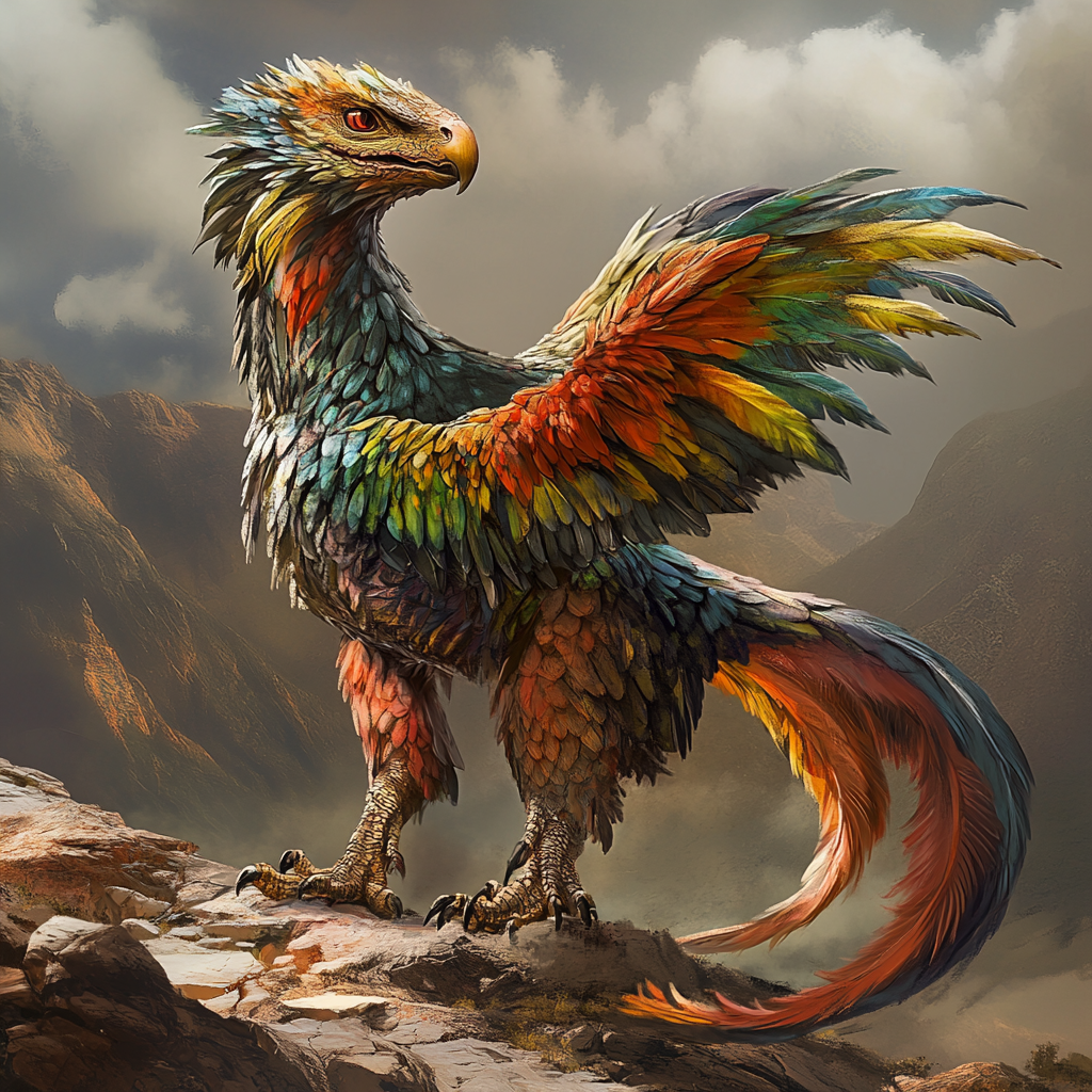 Colorful mythological creature with blended animal traits in detailed setting.