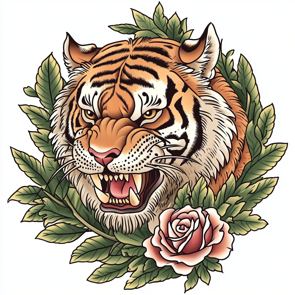 Colorful neo-traditional tattoo sketch of angry tiger