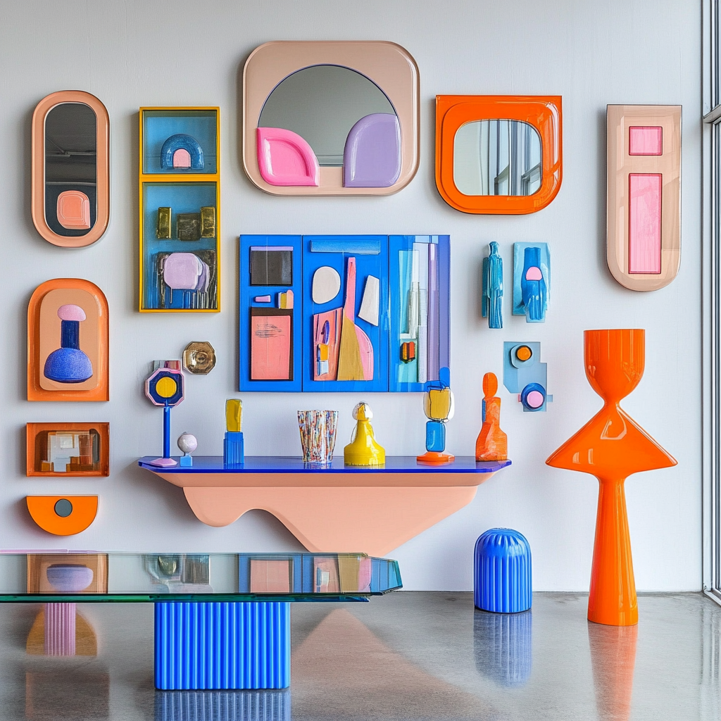 Colorful objects on gallery wall above desk