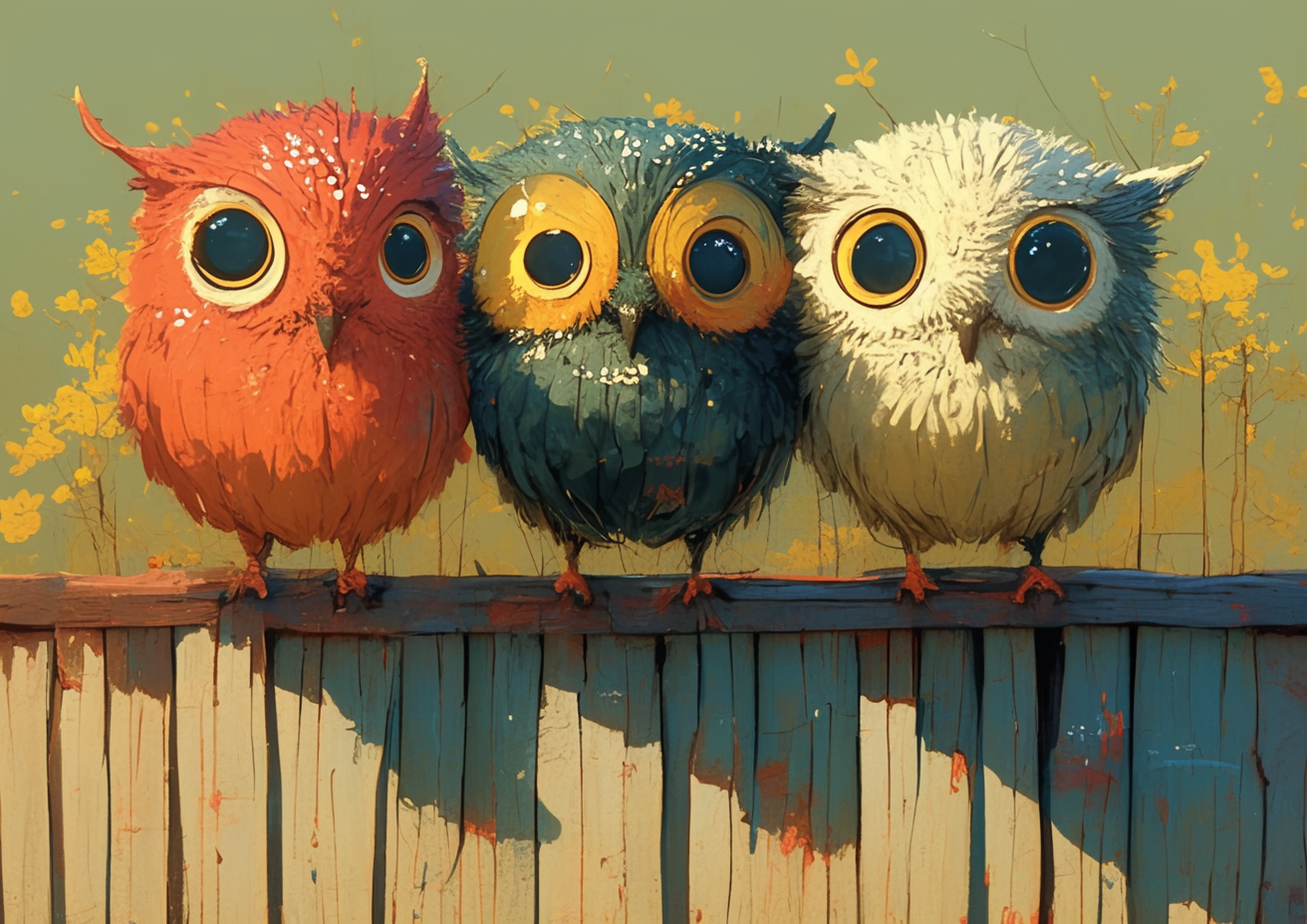 Colorful owls with big eyes on fence.