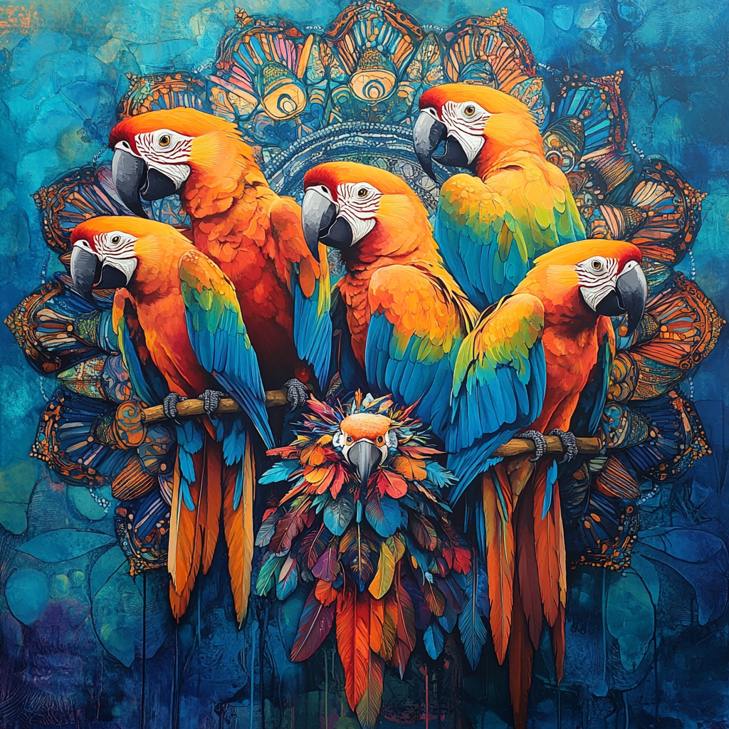 Colorful painting of macaws in dynamic poses, mandala background.