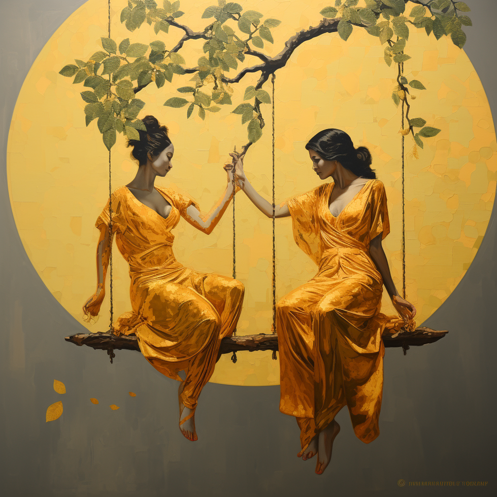 Colorful painting of swinging girls under mango tree