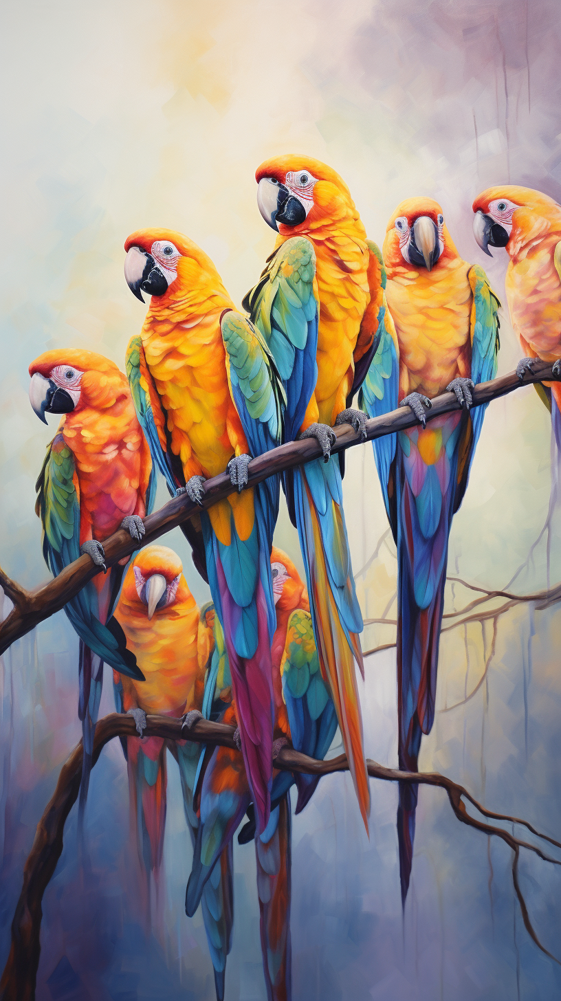 Colorful parrots on a branch, vibrant oil painting scene.