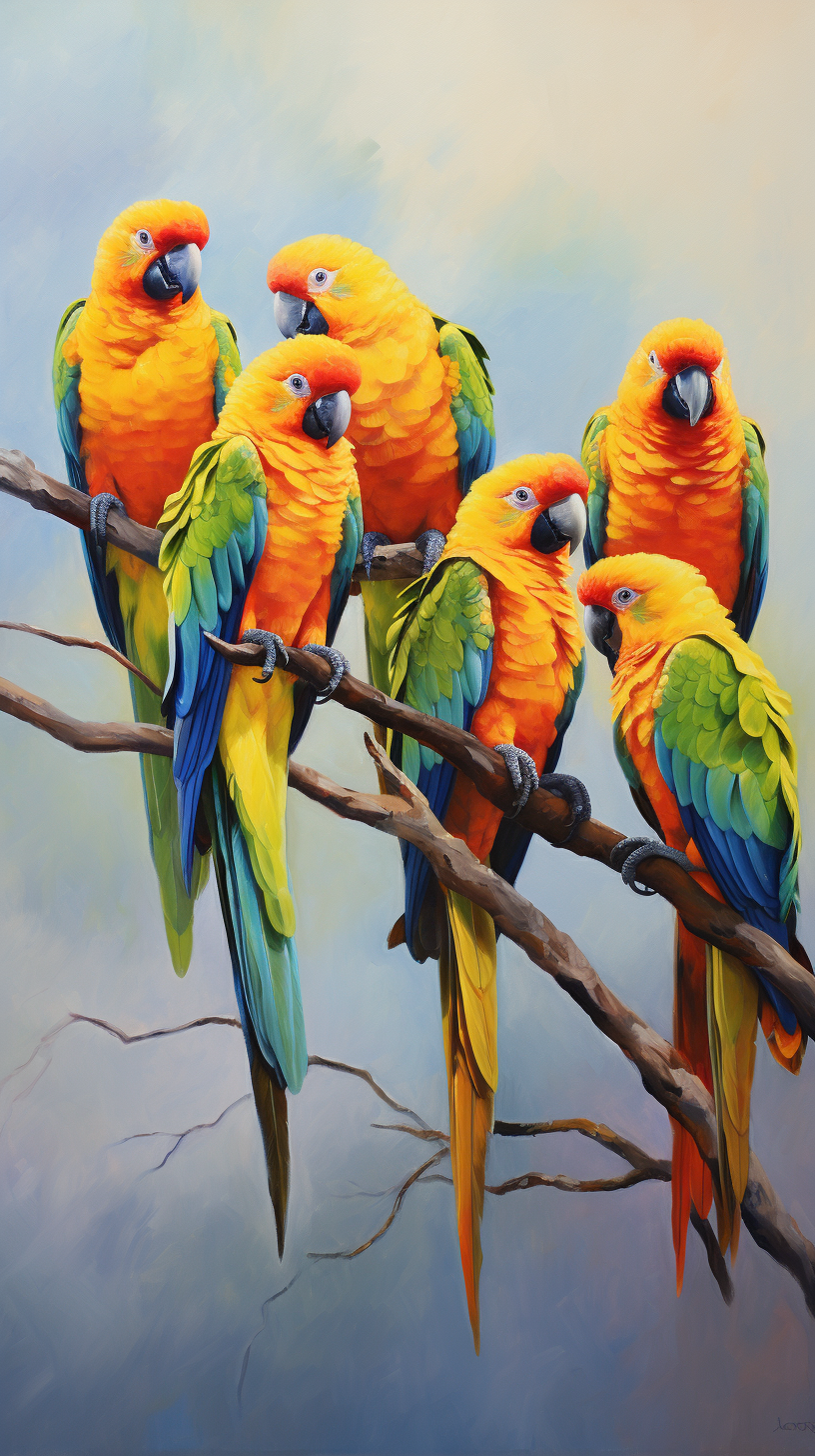 Colorful parrots on branch in vibrant oil painting scene.