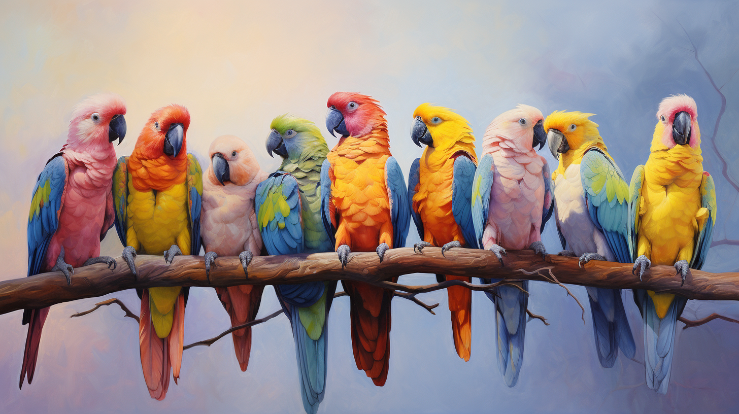 Colorful parrots on branch with pastel sky background, textured.